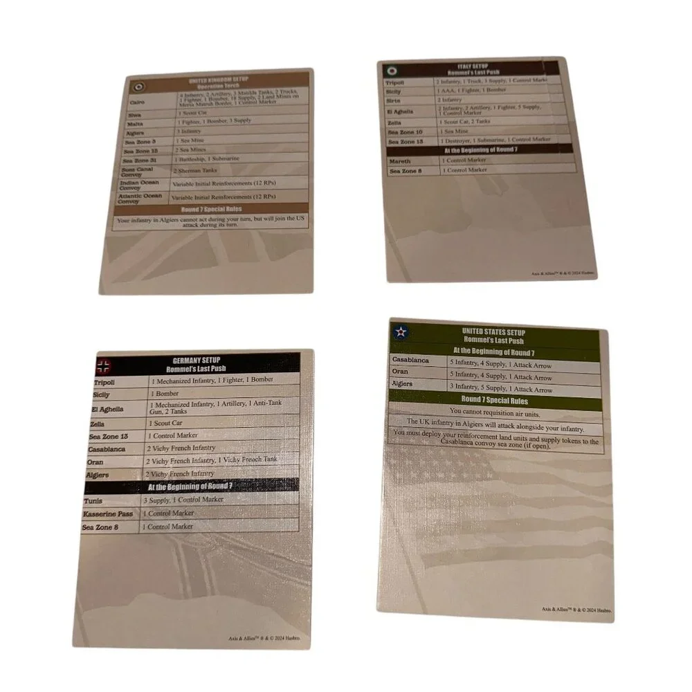 Hasbro Axis and Allies North Africa Board Game Country Cards Repalcement Parts